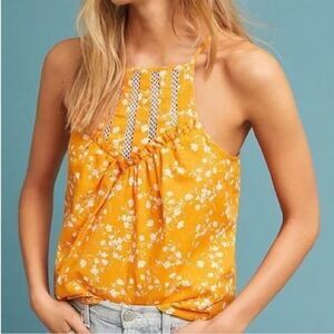 Anthropologie Maeve Martell Yellow Floral Design Halter Top Boho Cottagecore